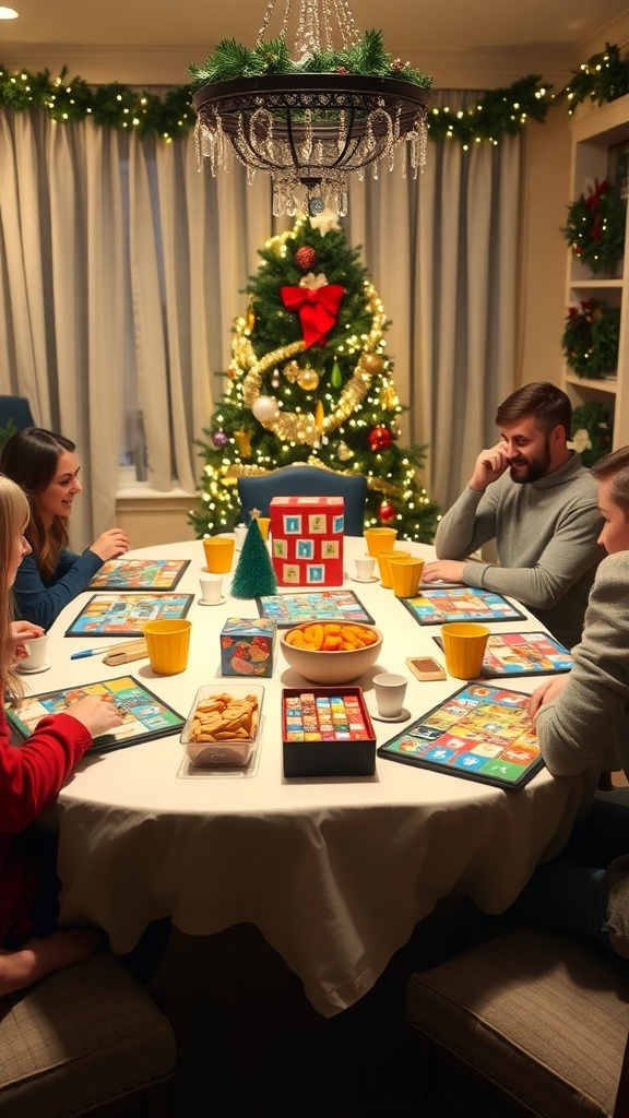 Christmas Game Night Ideas A festive game night scene with snacks, decorations, and people playing games together.